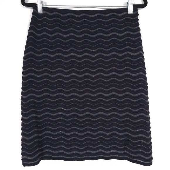 TORY BURCH Navy Metallic Wave‎ Pattern A-Line Wool Blend Skirt MEDIUM
